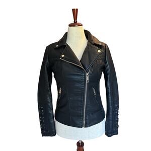Guess Moto Jacket | Black Zip Front Biker Style with Lace Up Sleeves | Size M